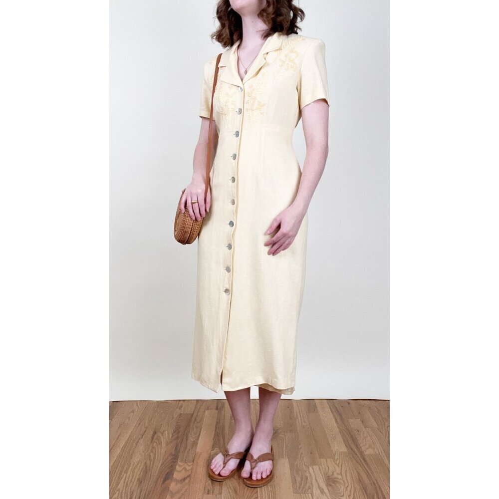 Vintage Linen Floral Embroidered Button Up Down Midi Dress Summer Sun Sundress - Picture 3 of 7